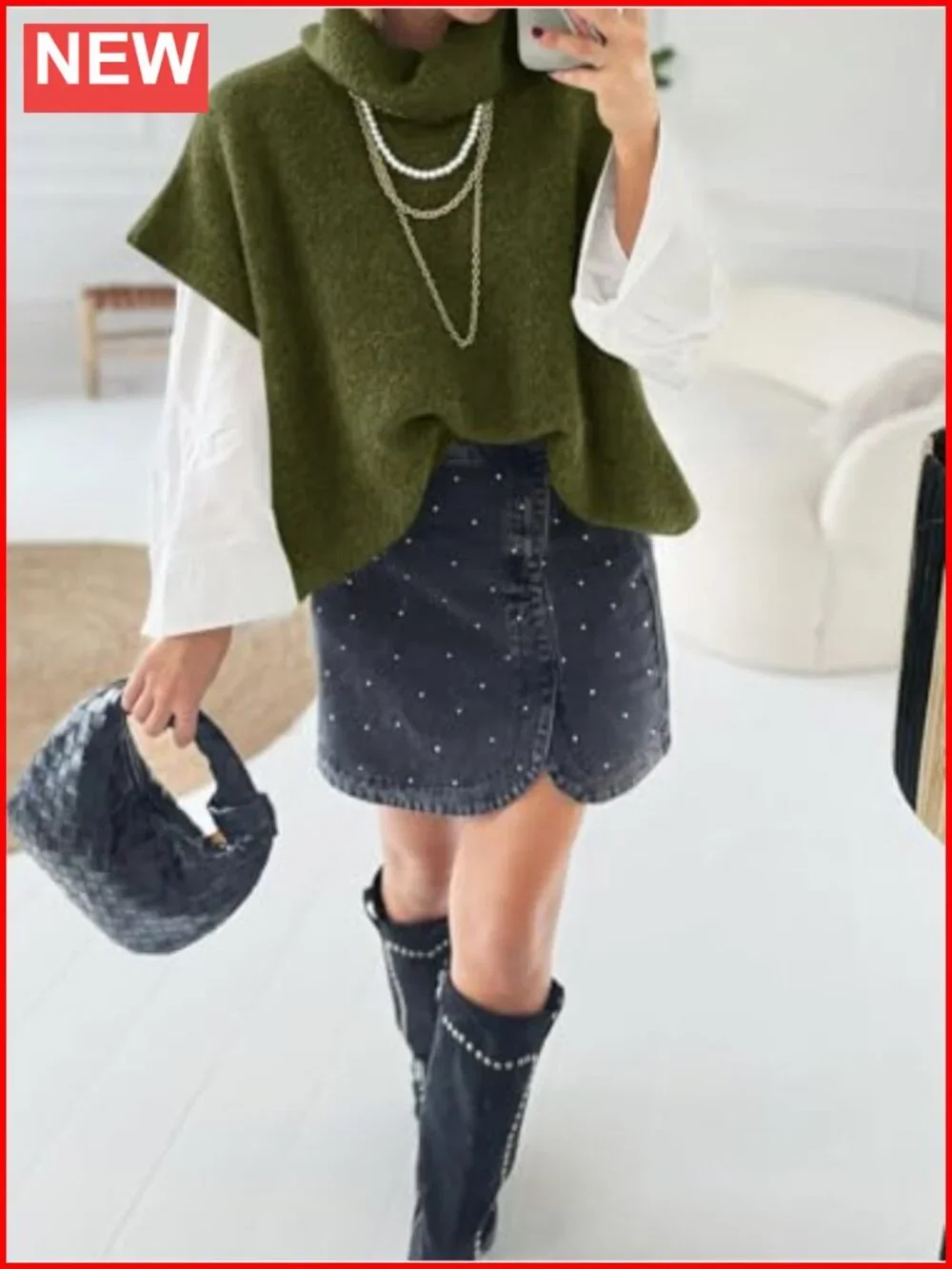 Oversized Turtleneck Sweater Short Sleeve Chunky Knit Pullover